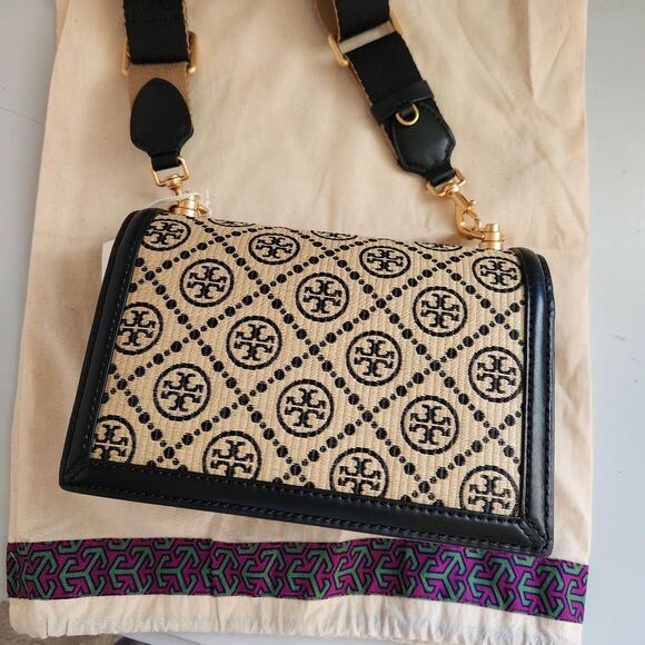 Tory Burch T Monogram Raffia Small Shoulder Bag Tan/Black - Picture 4 of 10